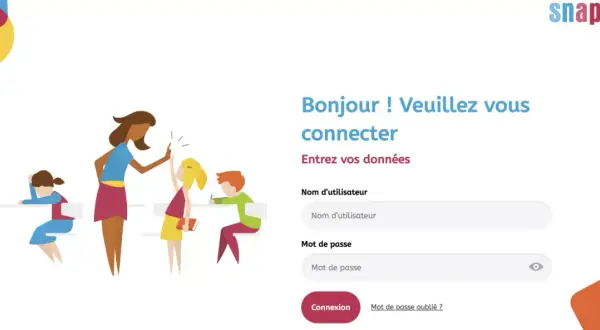 Page de connexion Snappet avec un formulaire demandant nom d'utilisateur et mot de passe. Des enfants et un enseignant sont représentés.