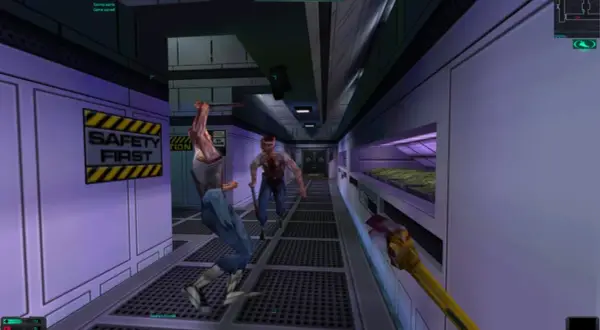 Gracz walczy z zombie w korytarzu stacji kosmicznej. To klasyczny przykład gry typu immersive sim, gdzie liczy się strategia i otoczenie.