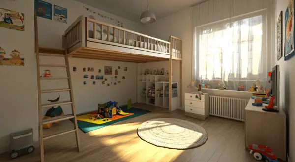 Spielzimmer mit Hochbett, Rutsche und vielen Spielsachen. Tolle kinder ideen unterm hochbett für Abenteuer.