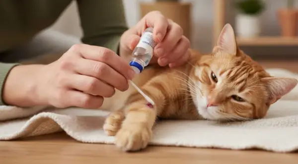 Persona aplica un antiséptico a una herida en la pata de un gato. Se observan varios tipos de heridas en gatos, y esta es una de ellas.