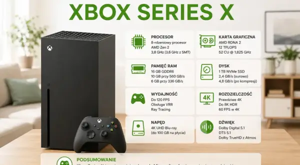 Xbox Series X z kontrolerem na stole, obok ikony specyfikacji technicznych.