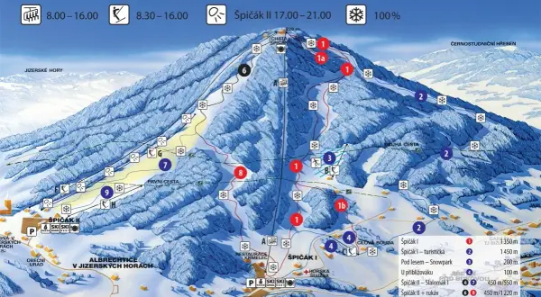 Skikarte des Spicak Skigebiet mit Pisten, Liften und Hütten. Die Karte zeigt die verschiedenen Schwierigkeitsgrade der Abfahrten.