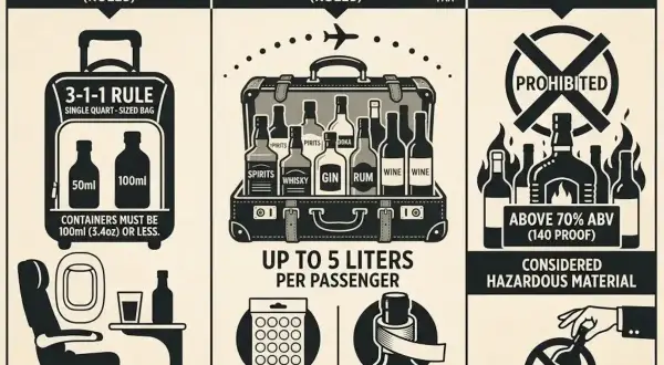 Zasady przewozu alkoholu w bagażu rejestrowanym: do 5 litrów na osobę, w oryginalnych opakowaniach, poniżej 70% ABV.