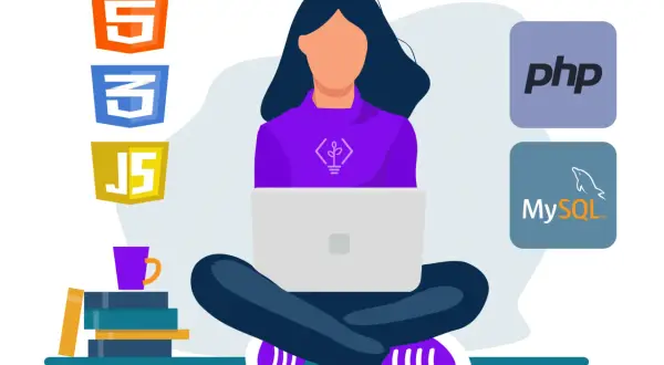 Une développeuse travaille sur son ordinateur portable, entourée des logos HTML5, CSS3, JavaScript, PHP et MySQL.
