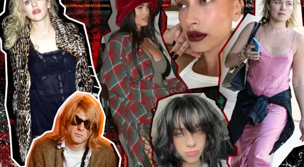 Collage of celebrities channeling 90s art styles: Courtney Love, Kurt Cobain, Megan Fox, Hailey Bieber, Florence Pugh, and Billie Eilish.