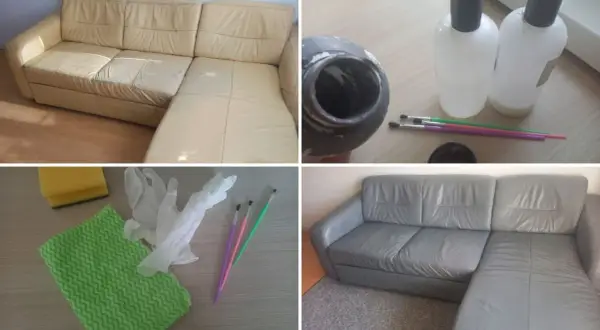 Przed i po metamorfozie kanapy. Samodzielne obicie kanapy z beżowej na szarą, z użyciem farby i akcesoriów.