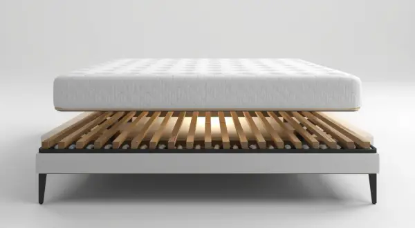 A mattress rests on a slatted bed frame, showcasing the best wood for bed slats for optimal support and breathability.