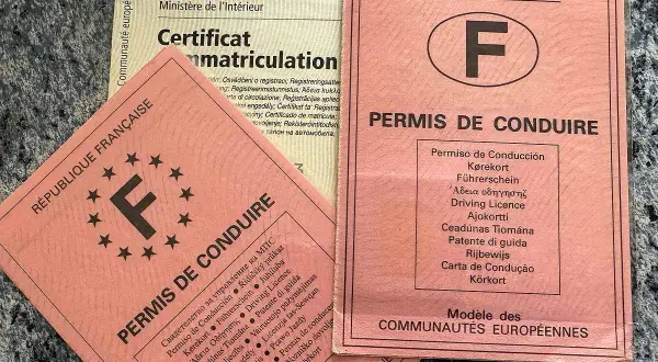 Deux permis de conduire français et un certificat d'immatriculation. L'un des permis est un "attestation de non conduite" pour la France.