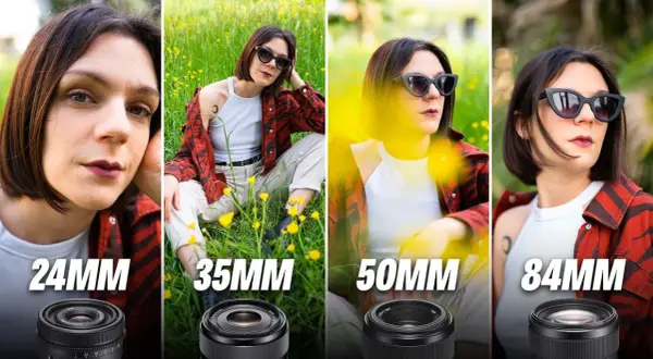 Confronto tra obiettivi: 24mm, 35mm, 50mm e 84mm. Il 50mm è ottimo per ritratti con sfondo sfocato.