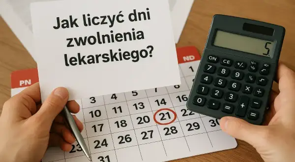 Ręce trzymają kartkę z pytaniem "Jak obliczyć chorobowe?". Obok leży kalendarz z zaznaczonym dniem 21 i kalkulator.