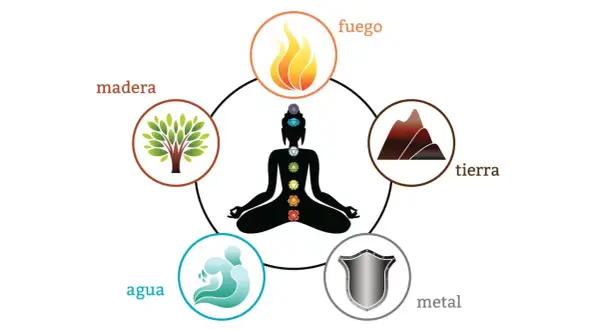 Los 5 elementos de la naturaleza y su significado: fuego, madera, tierra, agua y metal, representados alrededor de una figura meditando con chakras.