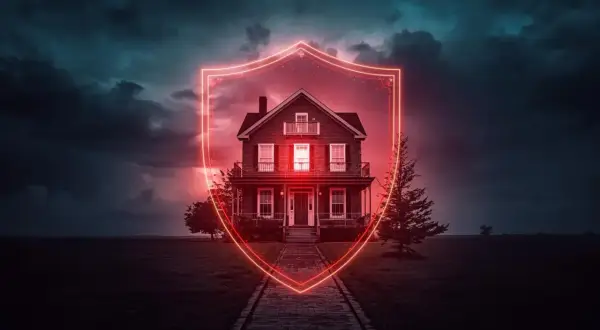 Dom pod neonową tarczą symbolizującą ubezpieczenie mieszkania od ognia i innych zdarzeń losowych. Mroczne, burzowe niebo.