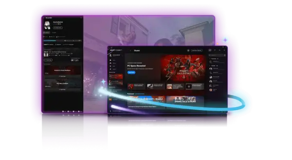 Interfejs Ubisoft Connect z grą Assassin's Creed Shadows na pierwszym planie. Widoczne menu profilu, lista znajomych i promocje.