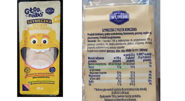 Szyneczka z fileta kurczaka "Głodniaki". Na opakowaniu widnieje informacja o wartościach odżywczych, w tym ile **kalorii co to** jest w 100g produktu.