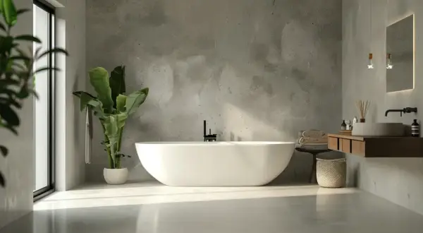 Un moderno bagno in resina con vasca freestanding, lavabo in pietra e dettagli in legno. Luce naturale inonda lo spazio.