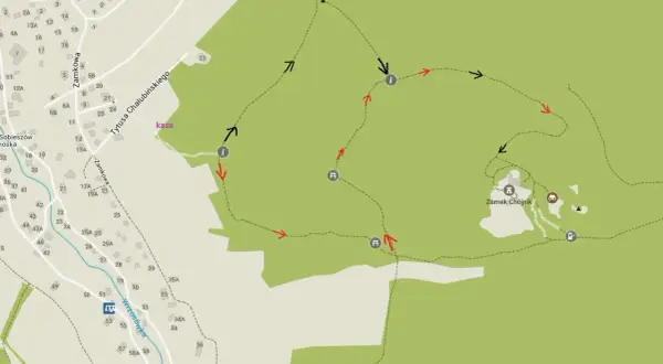 Mapa turystyczna z zaznaczoną trasą do jaskini i Zamku Chojnik.
