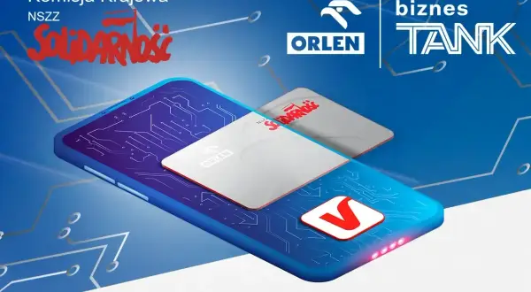 Karta podarunkowa Orlen na tle telefonu z grafiką obwodów drukowanych. Logo "Solidarności" i "Biznes Tank".