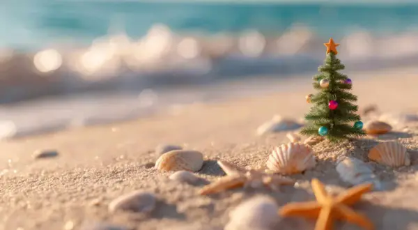 Ein kleiner Weihnachtsbaum mit bunten Kugeln und einem Stern steht am Strand. Perfekt für alle, die im Dezember Sonne statt Schnee suchen.