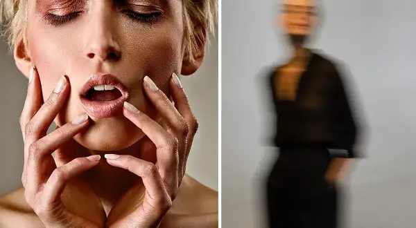 Dwie twarze: zbliżenie na usta i dłonie modelki, obok rozmyta postać. Podstawowe zasady fotografii portretowej.