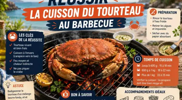 Un tourteau cuit au barbecue, avec des conseils pour réussir sa cuisson. Le texte indique "La cuisson du tourteau au barbecue".