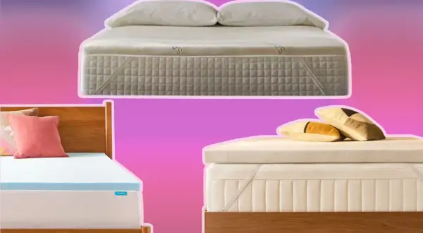 Exploring different types of mattress toppers: a plush white one with pillows, a blue one on a wooden bed, and a cream-colored one with decorative pillows.