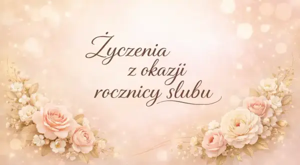 Eleganckie życzenia z okazji rocznicy ślubu, ozdobione pastelowymi różami i delikatnymi światłami.