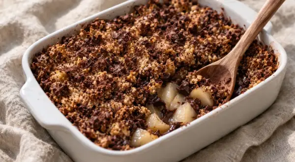 Un délicieux crumble poire chocolat, avec des morceaux de poires fondantes sous une croûte croustillante au cacao. Une cuillère en bois est plantée dans ce dessert gourmand.