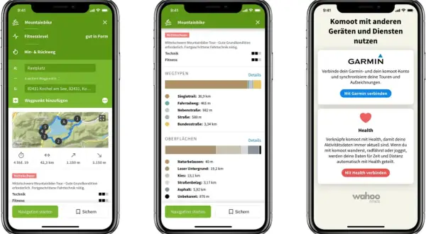 Komoot zeigt eine Mountainbike-Tour mit Karte und Details, inklusive Fahrradweg-Abschnitten. Ideal für deine nächste Tour am Rhein.