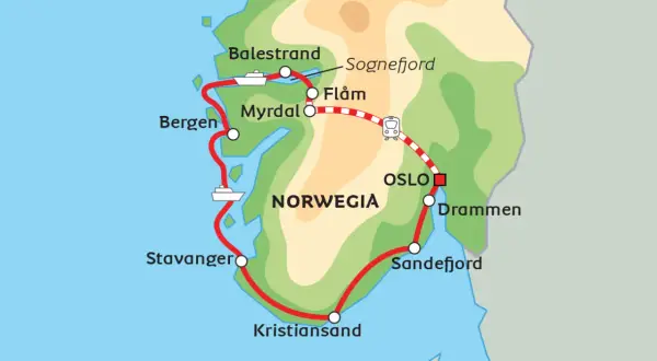 Mapa Norwegii z zaznaczoną trasą podróży, która obejmuje m.in. Bergen, Stavanger, Kristiansand, Sandefjord, Drammen i Oslo.