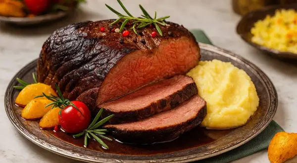 Zarter Schmorbraten mit Kartoffelpüree, Tomaten und Rosmarin auf einem Teller.