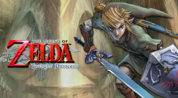 Link z mieczem i tarczą, gotowy do walki w grze The Legend of Zelda: Twilight Princess na Switch.