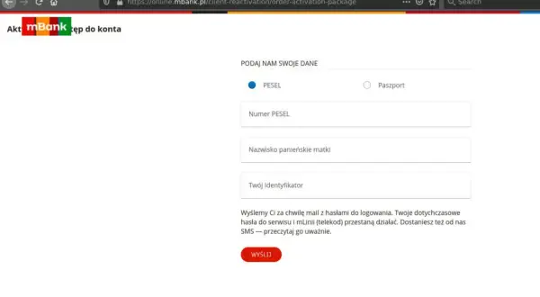Aktywacja dostępu do konta w mBank. Podaj dane: PESEL, nazwisko panieńskie matki, identyfikator. 1140 jaki to bank?