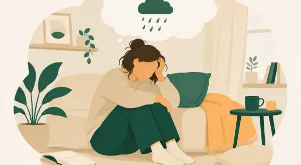 En person sitter hopkrupen, med en tankebubbla av regn ovanför. Känslor av barn depression och adhd kan vara tunga.