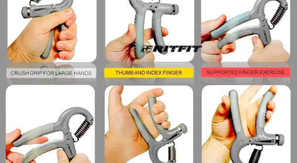See how hand grippers work with different grips: crush, thumb & index, supported finger, thumb & middle, palm & last three, and thumb & last two fingers.