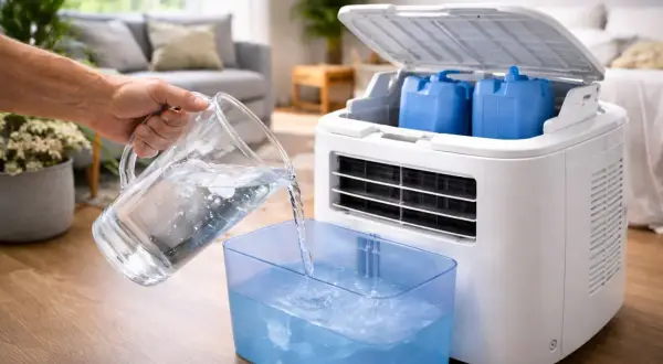 Une main verse de l'eau dans un bac bleu pour un climatiseur mobile. Faut-il mettre de l'eau dans un climatiseur mobile ? Oui, pour le rafraîchissement.