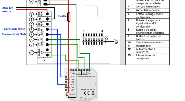 Schéma de cablage pour une sirène d'alarme, montrant les connexions d'alimentation, de commande et de signalisation.