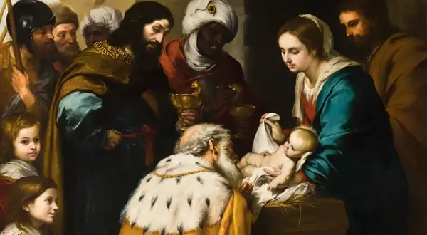 Obraz trzech króli przy żłóbku. Mędrcy w bogatych szatach składają dary Dzieciątku Jezus, któremu towarzyszy Maryja.