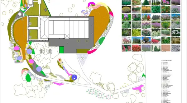 Planos de jardines detallados con diseño de paisajismo, distribución de plantas y elementos arquitectónicos. Incluye una leyenda de especies.