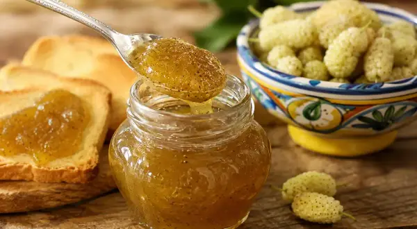 Marmellata di gelsi bianchi su pane tostato, con una ciotola di frutti freschi e un cucchiaino che ne raccoglie una porzione.