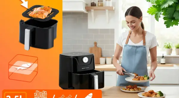 Kobieta serwuje pyszne dania z airfryer: chrupiące nuggetsy, ziemniaczki i łososia. Idealne dania z airfryer dla całej rodziny.