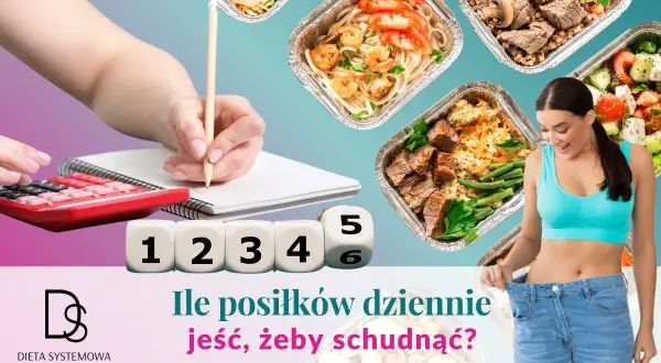 Kobieta z radością pokazuje luźne spodnie, a obok kostki z cyframi od 1 do 6. Obok widać przygotowane posiłki. Ile posiłków dziennie jeść, by schudnąć?
