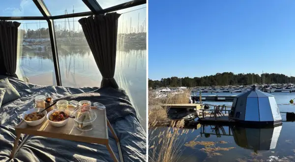 Sov gott i en glaskupol med frukostbricka och utsikt över båtar vid Gräddö camping.