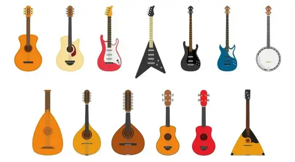 Różnorodne instrumenty strunowe: gitary akustyczne, elektryczne, basowe, banjo, lutnia, mandolina, balalajka.