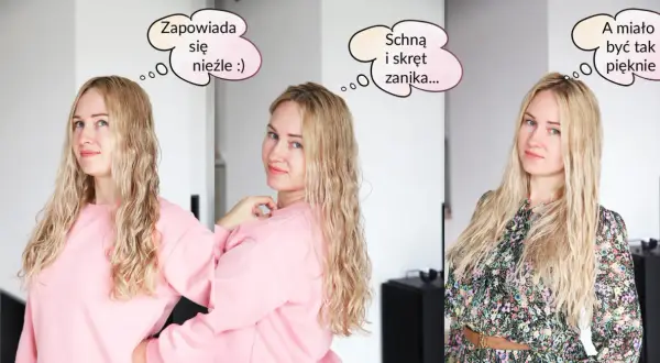 Kobieta z blond włosami w trzech ujęciach: z falami, znikającymi falami i prostymi włosami.