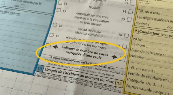Exemple de constat rempli : une section du formulaire demande d'indiquer le nombre de cases marquées d'une croix.