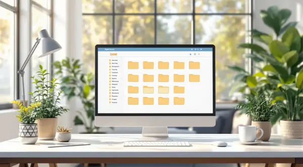 A computer screen displays a digital asset management (DAM) interface, showcasing a well-organized digital asset management folder structure with various categorized folders.