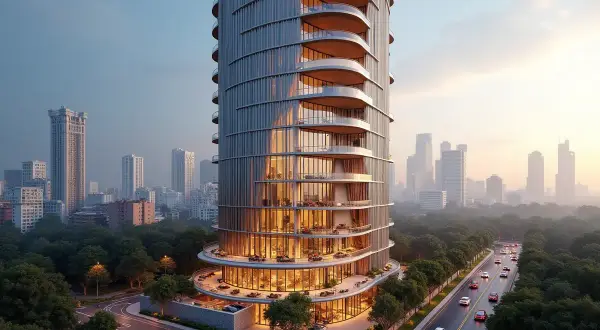 Nowoczesny wieżowiec Antilia Tower w mieście, otoczony zielenią i drogą z samochodami.