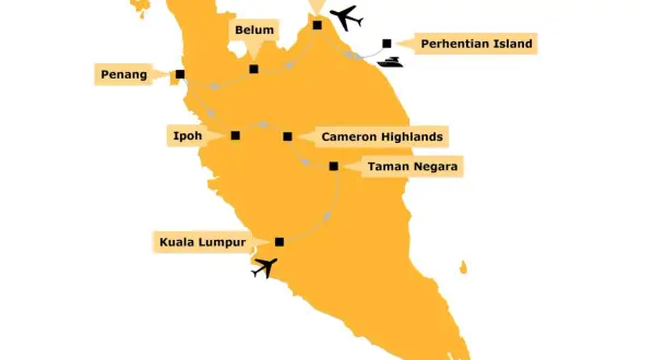 Karte für eine Malaysia Rundreise auf eigene Faust: Route von Kuala Lumpur über Ipoh, Penang, Belum, Kota Bharu zu den Perhentian Islands, Cameron Highlands & Taman Negara.