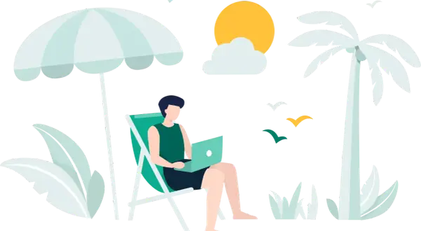 Mężczyzna pracuje na laptopie pod parasolem plażowym, marząc o wakacjach od ZUS 2026. Palmy i słońce dopełniają tropikalny klimat.