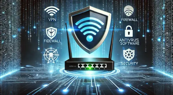 Router z tarczą Wi-Fi i ikonami bezpieczeństwa: VPN, Firewall, Antywirus, Security. Cyfrowy świat i kod w tle.